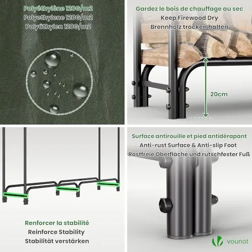VOUNOT ▫️ ® Suporte para lenha de 2 metros | Prateleira para lenha | Cesto para lenha com tampa verde | Suporte para armazenamento de lenha para interiores e exteriores 6