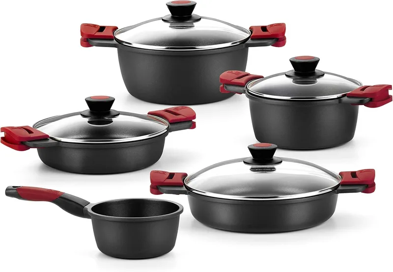 BRA ▫️ Panelas de alumínio fundido antiaderente Premiere de 5 peças, inclui pegas amovíveis, sem PFOA, adequadas para todas as placas de fogão e forno