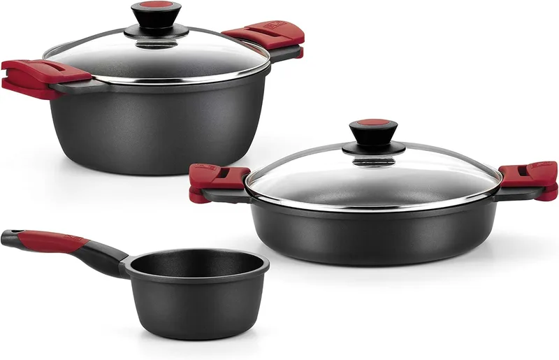 BRA ▫️ Trem de cozinha antiaderente de alumínio fundido Premiere de 5 peças, adequado para todos os tipos de fogões e placas de indução