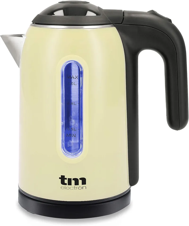 TM Electron ▫️ Chaleira eléctrica TMPKT010C, 1 litro de capacidade, 1.500 W, indicador LED, base 360º e sistema de segurança duplo, cor creme.