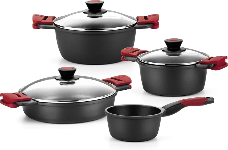 BRA ▫️ Trem de cozinha antiaderente de alumínio fundido Premiere de 7 peças, adequado para todos os tipos de fogões e placas de indução