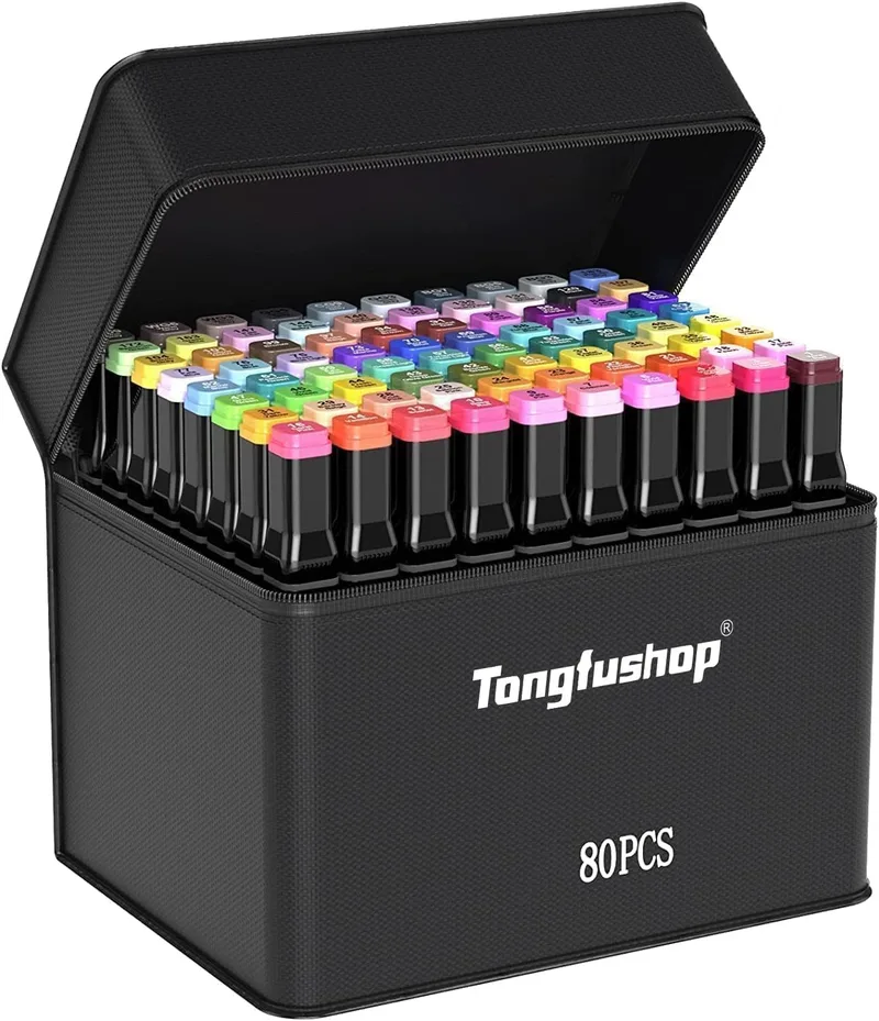 Tongfushop ▫️ Marcadores de 80 cores, marcadores à base de álcool com ponta dupla, secagem rápida 2S, marcadores permanentes com bolsa de armazenamento e espaçador para crianças e adultos – esboços, banda desenhada, colorir