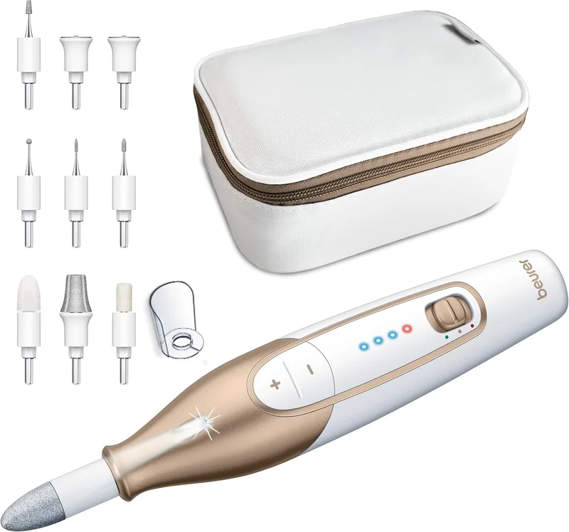 Beurer ▫️ MP 64 Conjunto profissional de manicure e pedicure com bateria recarregável, lixa de unhas sem fios, 10 acessórios para o cuidado das unhas, com luz LED