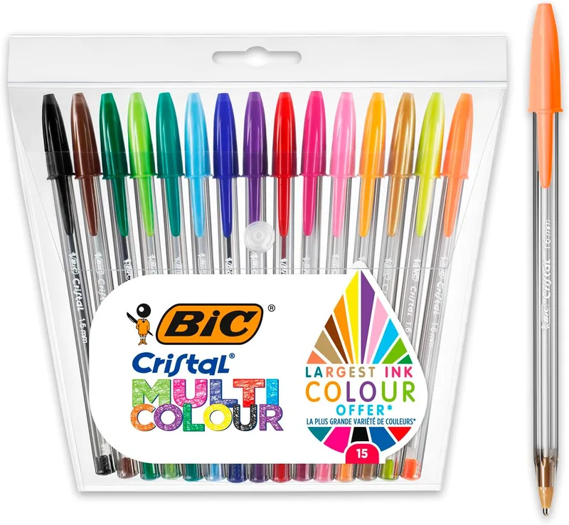 BIC ▫️ Cristal Multicolor, esferográficas largas (1,6 mm), ideais para desenhar e fazer anotações, cores sortidas, embalagem de 15 unidades.