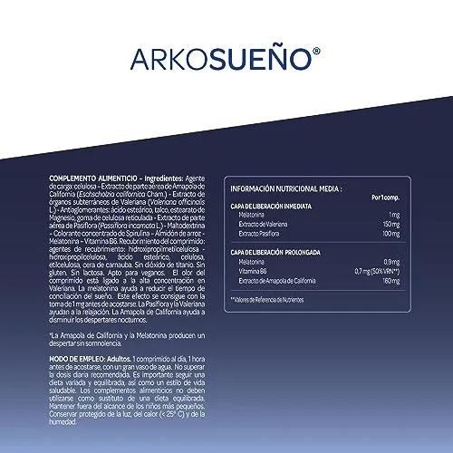 Arkopharma ▫️ Arkosueño Forte 8h 30 Comprimidos Melatonina 1,9 mg Valeriana 2