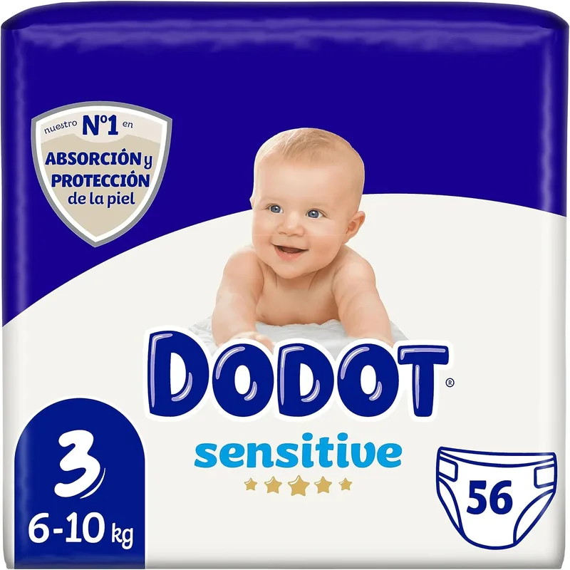 DODOT ▫️ Sensitive - Fraldas, 6 a 10 kg, Branco, Tamanho 3, Baunilha, 56 unidades
