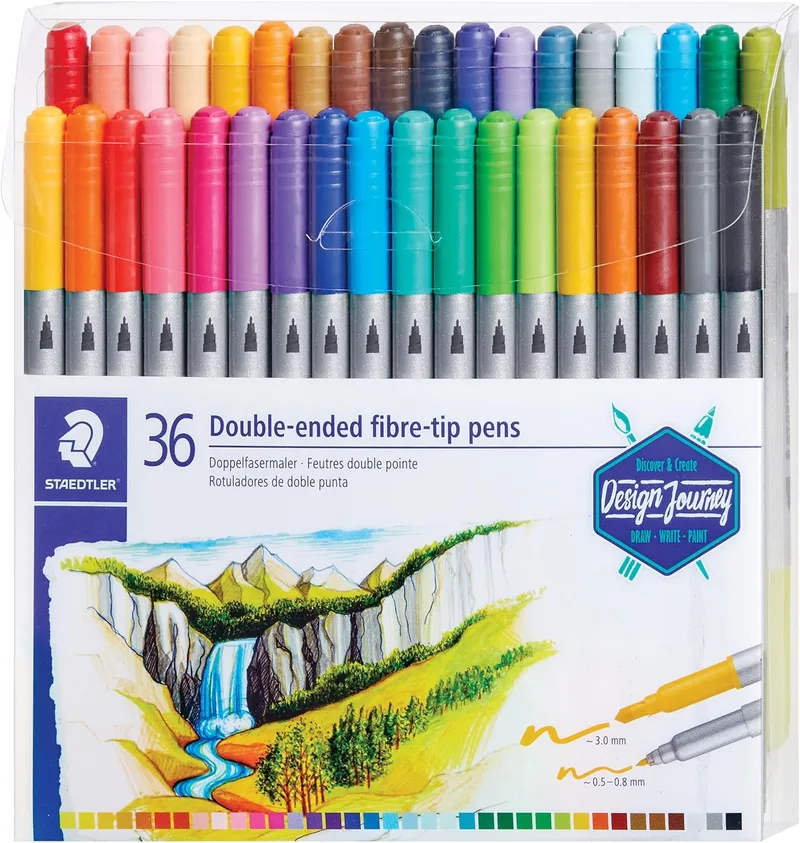 STAEDTLER ▫️ Design Journey 3200 TB36, Marcadores de dupla ponta para lettering, Caixa com 36 marcadores de cores variadas