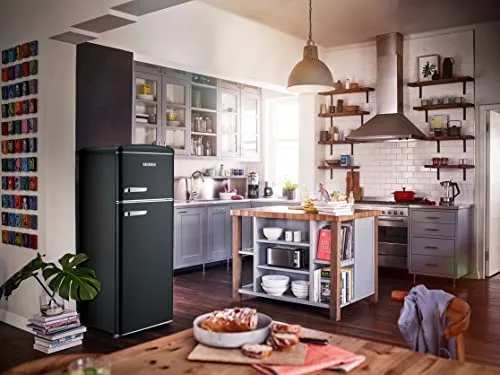 Severin ▫️ Frigorífico retro combinado de 206 L, frigorífico e congelador combinados com 2 portas, altura 146 cm, de baixo consumo e silencioso, preto, RKG 8932 2