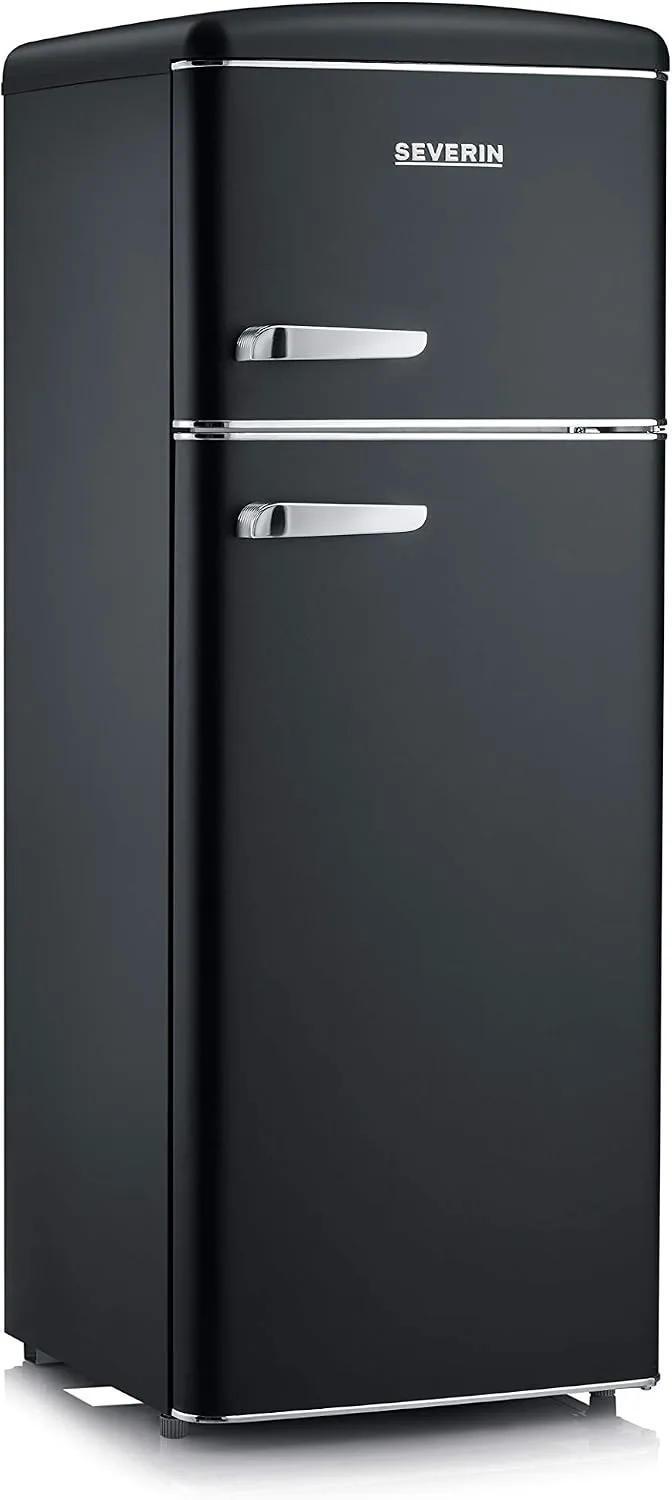 Severin ▫️ Frigorífico retro combinado de 206 L, frigorífico e congelador combinados com 2 portas, altura 146 cm, de baixo consumo e silencioso, preto, RKG 8932