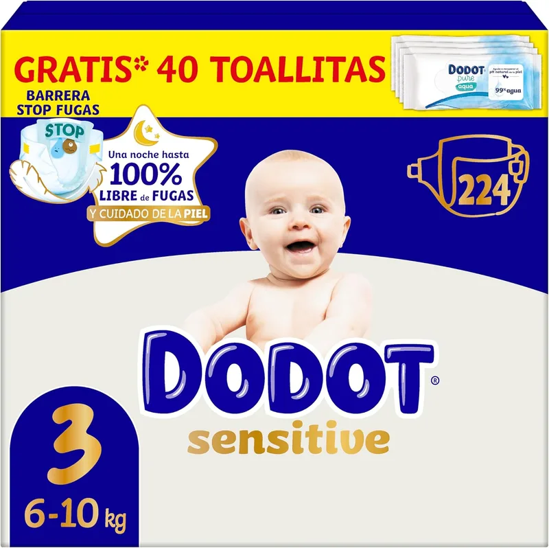 DODOT ▫️ Fraldas Sensitive para bebé, Tamanho 3 (6-10 kg), 224 fraldas + oferta de 40 toalhitas Aqua Pure com 99% de água, até 12 horas de proteção contra fugas e cuidado da pele, embalagem mensal