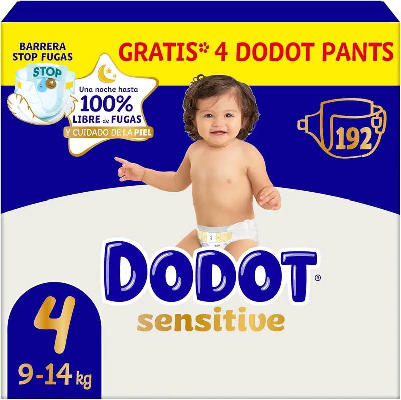 DODOT ▫️ Baby Fraldas Sensíveis, tamanho 4 (9-14 kg), 192 fraldas + 4 calças grátis, até 12 horas de proteção anti-fugas e cuidados da pele, embalagem mensal