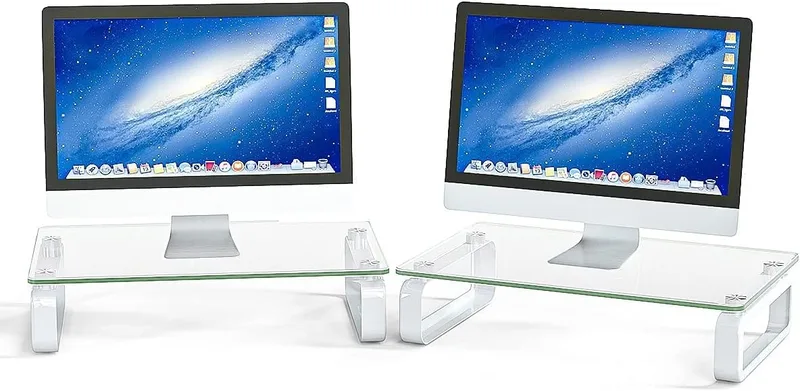 Hemudu ▫️ Suporte duplo para monitor em vidro temperado com elevador transparente HD02T-201P
