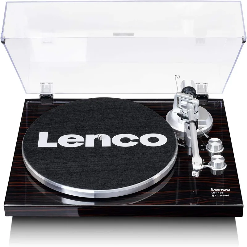 Lenco ▫️ LBT-188 Gira-discos Bluetooth - suporta saídas RCA e USB - 2 velocidades 33 RPM e 45 RPM - pré-amplificador - caixa MDF - transmissão por correia - nogueira
