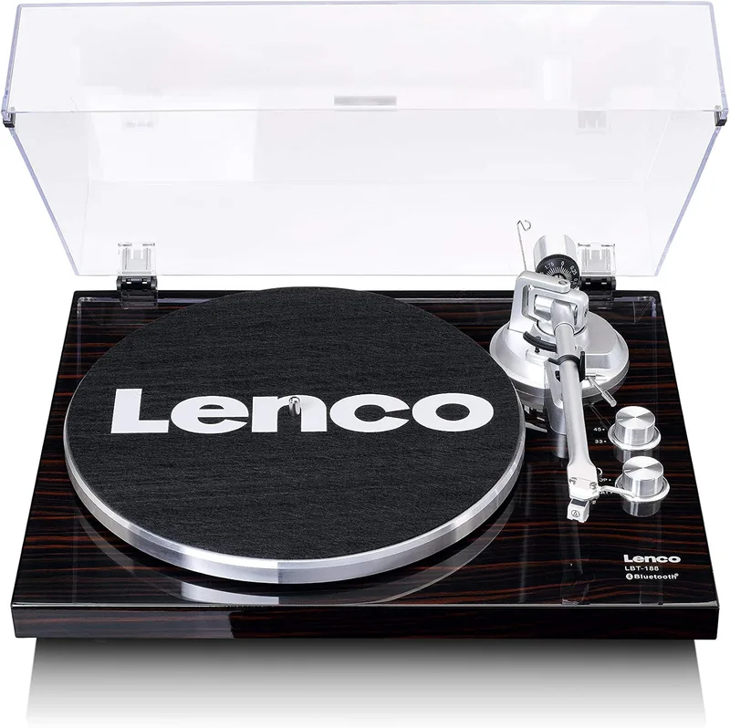 Lenco ▫️ LBT-188 Gira-discos Bluetooth - compatível com saídas RCA e USB - 2 velocidades: 33 RPM e 45 RPM - pré-amplificador - estrutura em MDF - transmissão por correia - nogueira