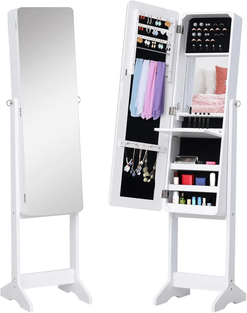 HOMCOM ▫️ Porta-joias de pé com espelho, armário para joias, luzes LED, reclinável, porta-joias para anéis, brincos e colares, em madeira, 30 x 36 x 146 cm, branco