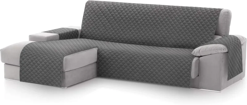 textil-home ▫️ Textilhome Capa para Sofá Chaise Longue Malu, Proteção para Sofás Acolchoada para o Braço Esquerdo, Tamanho 240 cm. Cor Cinza (vista de frente), Ideal para animais de estimação e arranhões.