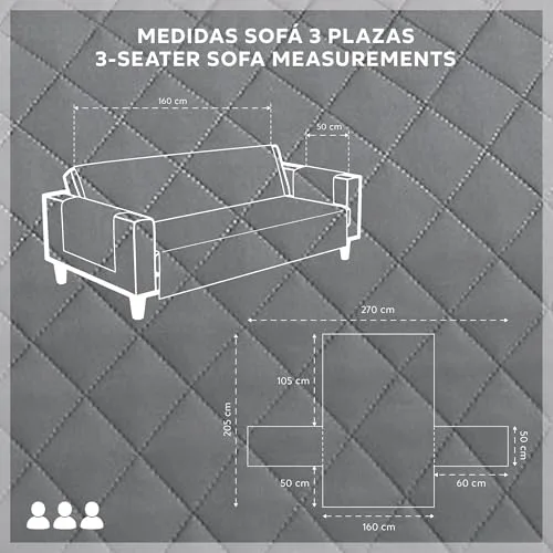 TEXTIL-HOME ▫️ Textilhome Capa para sofá de 3 lugares MALU, protetor para animais de estimação, cinzento 3