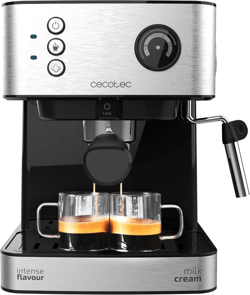Cecotec ▫️ Máquina de café expresso Power Espresso 20 Professionale Express. 850 W, 20 bar, manómetro, depósito de 1,6 l, braço de saída dupla, vaporizador, superfície de aquecimento de chávenas, acabamentos em aço inoxidável