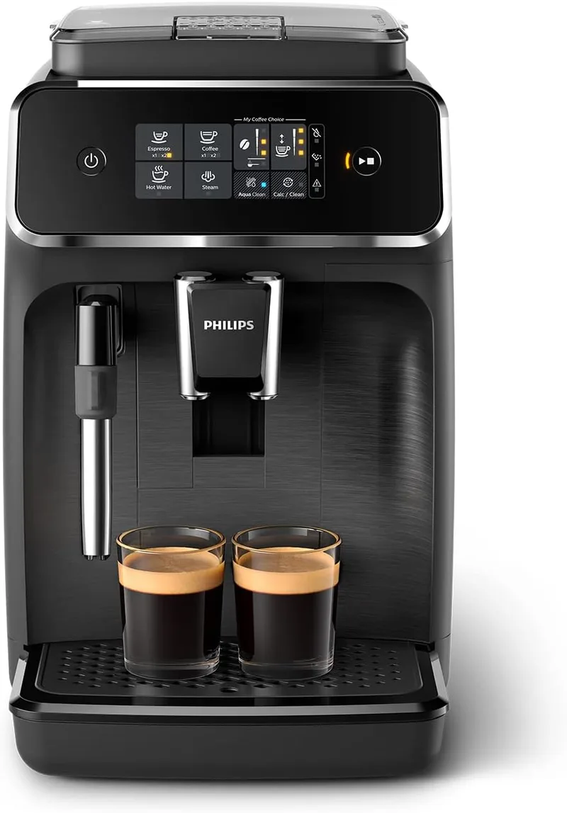 PHILIPS ▫️ Série 2200 Máquina de café expresso automática - 2 chávenas, ecrã tátil, bocal de espuma de leite clássico, moinho cerâmico, preto mate (EP2220/10)