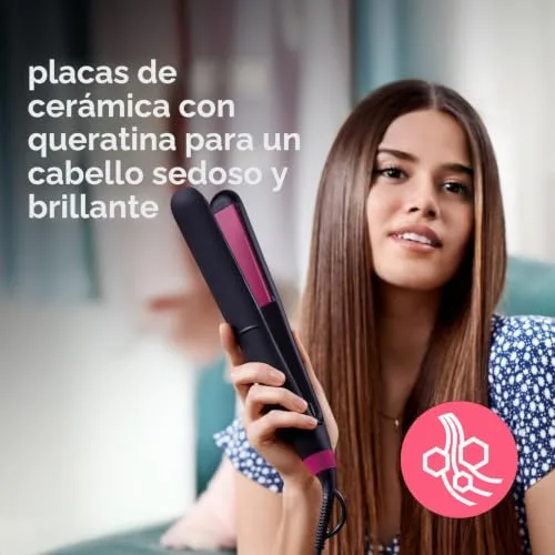 PHILIPS ▫️ Alisador com placas de cerâmica e queratina de 100 mm, escova alisadora para modelar e pentear com tecnologia ThermoProtect, até 220 °C em 1 minuto, nas cores preto e rosa, BHS375/00 2