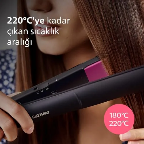PHILIPS ▫️ Alisador com placas de cerâmica e queratina de 100 mm, escova alisadora para modelar e pentear com tecnologia ThermoProtect, até 220 °C em 1 minuto, nas cores preto e rosa, BHS375/00 5