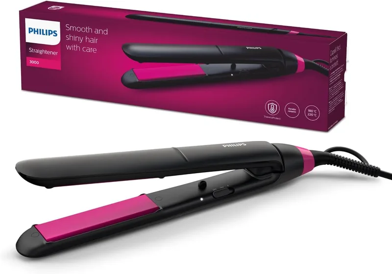 PHILIPS ▫️ Alisador com placas de cerâmica e queratina de 100 mm, escova alisadora para modelar e pentear com tecnologia ThermoProtect, até 220 °C em 1 minuto, nas cores preto e rosa, BHS375/00