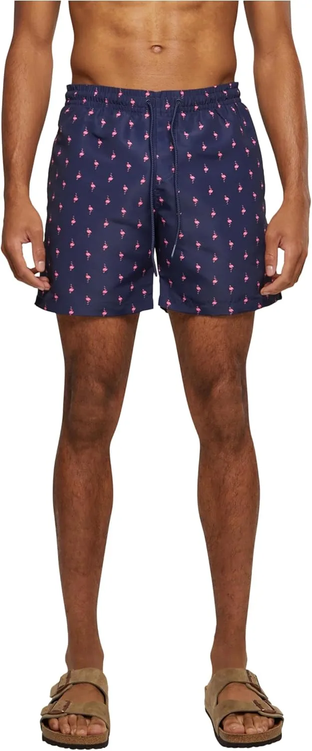 Urban Classics ▫️ Calções de banho Pattern Palm para homem, preto/oliva, 100% poliéster