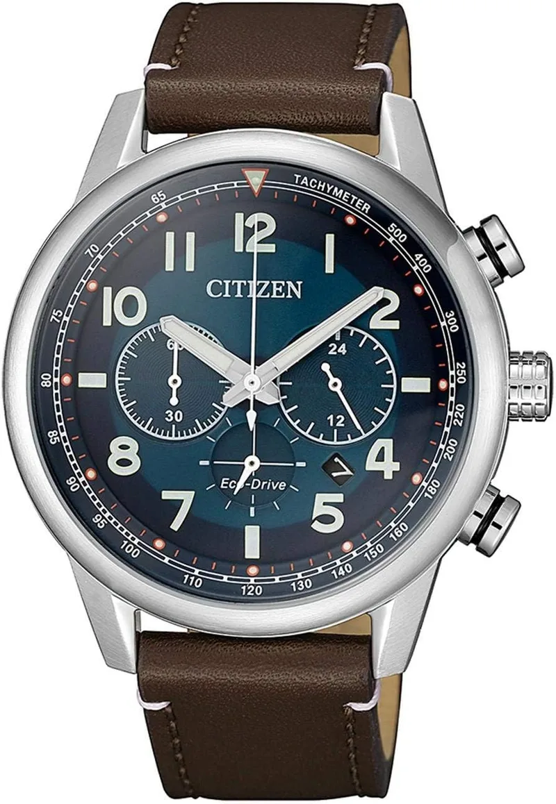 Citizen ▫️ Relógio cronógrafo para homem, com tecnologia Eco-Drive e bracelete em pele