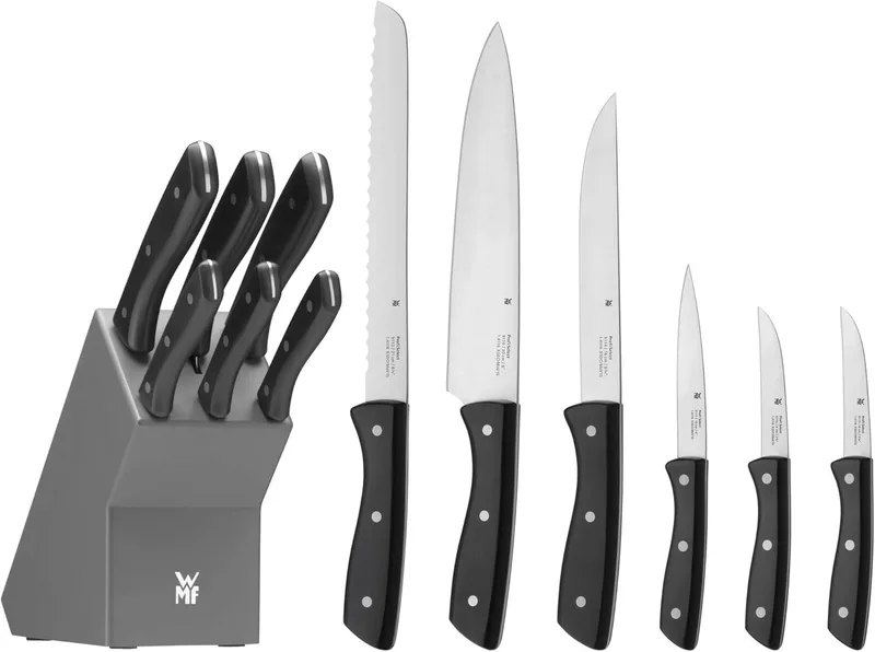 WMF ▫️ Profi Select - Conjunto de 7 peças, 6 facas com suporte de madeira lacado a cinzento, lâmina de aço temperado com gume de longa duração