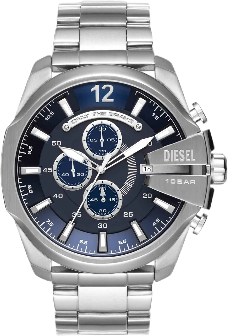 Diesel ▫️ Relógio para homem Mega Chief, movimento cronógrafo de quartzo, caixa em aço inoxidável prateado de 59 mm com bracelete em aço inoxidável, DZ4308