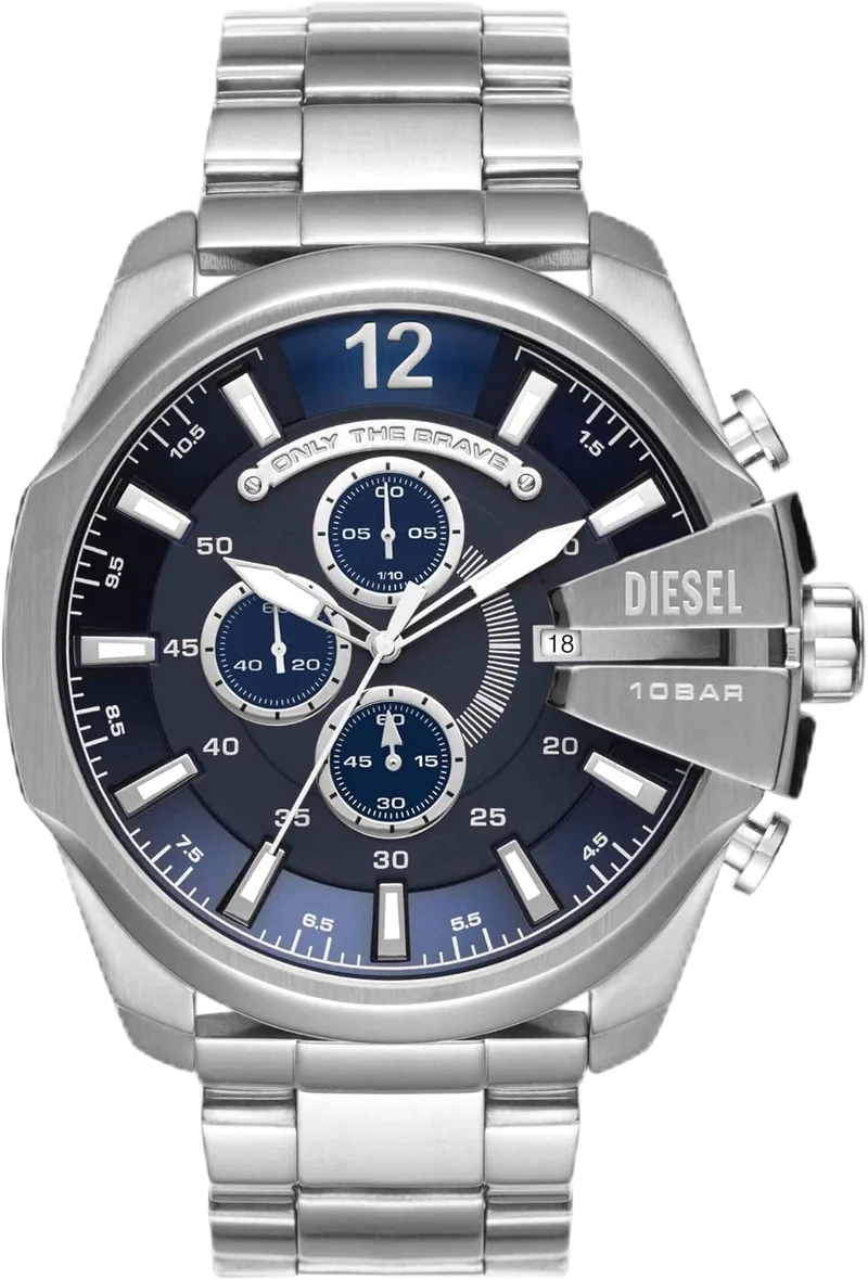 Diesel ▫️ Relógio para homem Mega Chief, movimento cronógrafo de quartzo, caixa em aço inoxidável prateado de 59 mm com bracelete em aço inoxidável, DZ4308