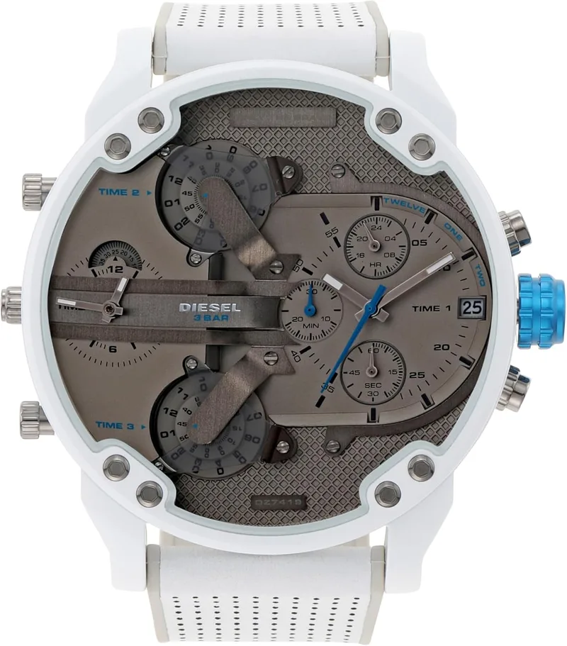 Diesel ▫️ Relógio Mr. Daddy para homem, mecanismo de quartzo multifunções com bracelete em pele, sintética ou silicone