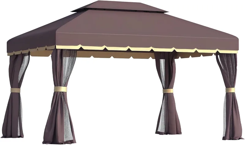 Outsunny ▫️ Garden Gazebo 4x3 m Gazebo de alumínio com telhado de ventilação 4 cortinas laterais 4 telas mosquiteiras e 8 orifícios de drenagem para festas Eventos ao ar livre Castanho