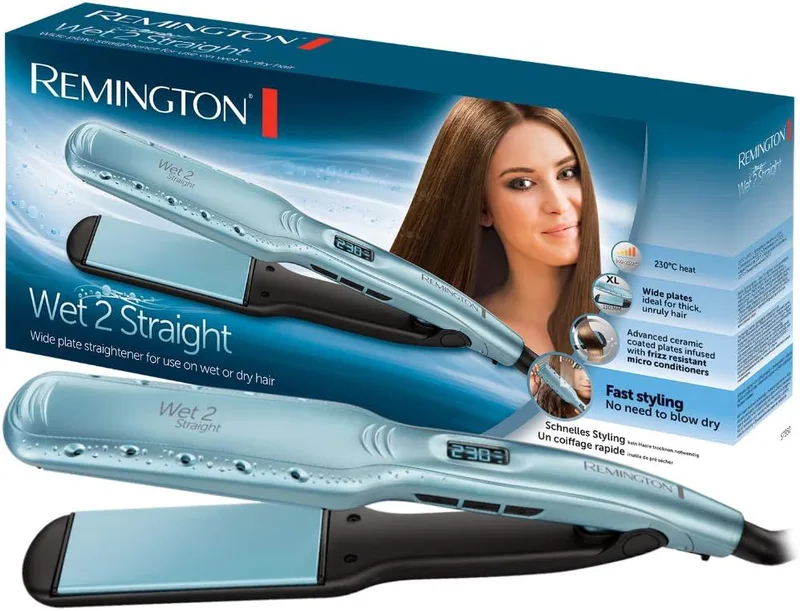 Remington ▫️ Alisador de cabelo 2 em 1: alisa e seca Wet2Straight, para uso em cabelo molhado e seco, cerâmica avançada com microcondicionadores, ecrã LCD, 140-230 °C, 10 níveis de temperatura, anti-frizz S7350