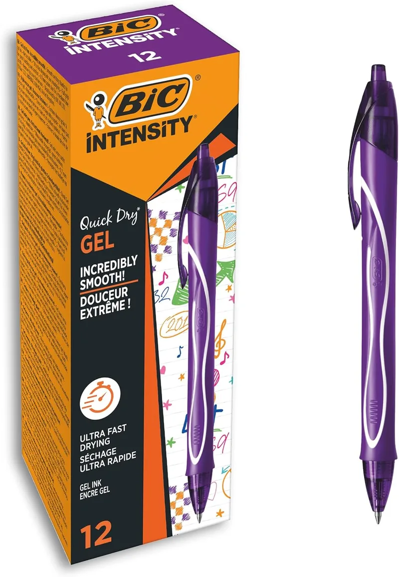 BIC ▫️ Canetas de gel de secagem rápida Gel-ocity, ponta média (0,7 mm) - Roxo, Caixa de 12 - Bicos retrácteis com tinta de secagem ultra-rápida