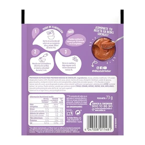 Dr. Oetker ▫️ Mousse de Chocolate, Mistura pronta para mousse de chocolate - Embalagem com mistura pronta para mousse com sabor a chocolate, 73 g (quantidade: 4 porções) 2