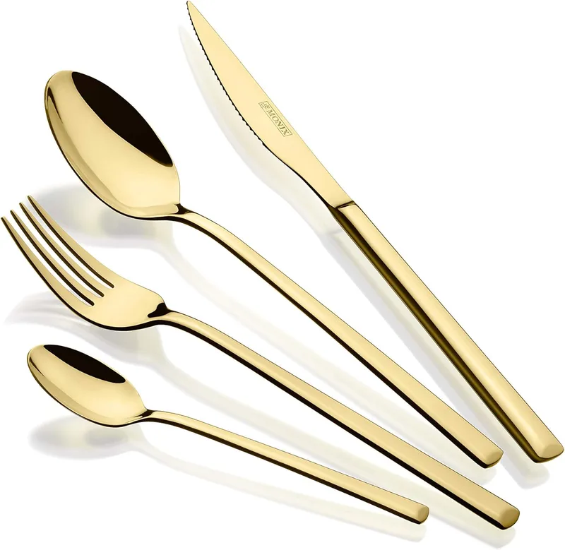 Monix ▫️ Verona Gold Conjunto de talheres de 24 peças, aço inoxidável 18/10, design vanguardista e moderno, acabamento polido brilhante dourado, espessura de 3 mm (6 convidados)