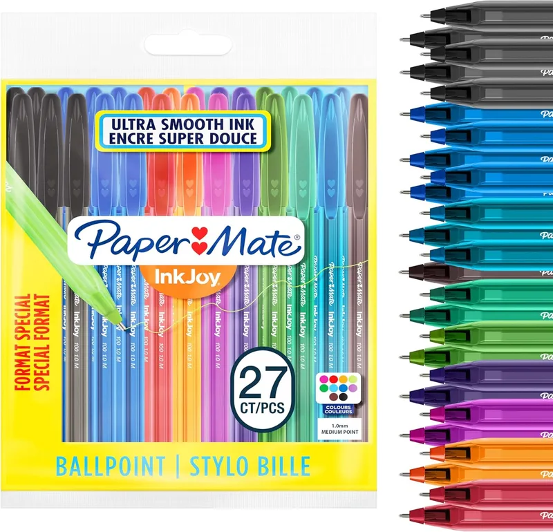Paper Mate ▫️ Canetas InkJoy 100ST | ponta média (1,0 mm) | cores fantásticas variadas | embalagem de 27