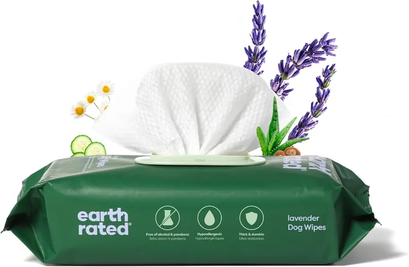 Earth Rated ▫️ Toalhetes hipoalergénicos para limpar e eliminar os odores das patas, do corpo e do rabo dos cães, para cachorros e cães adultos, aroma de lavanda, 100 unidades.