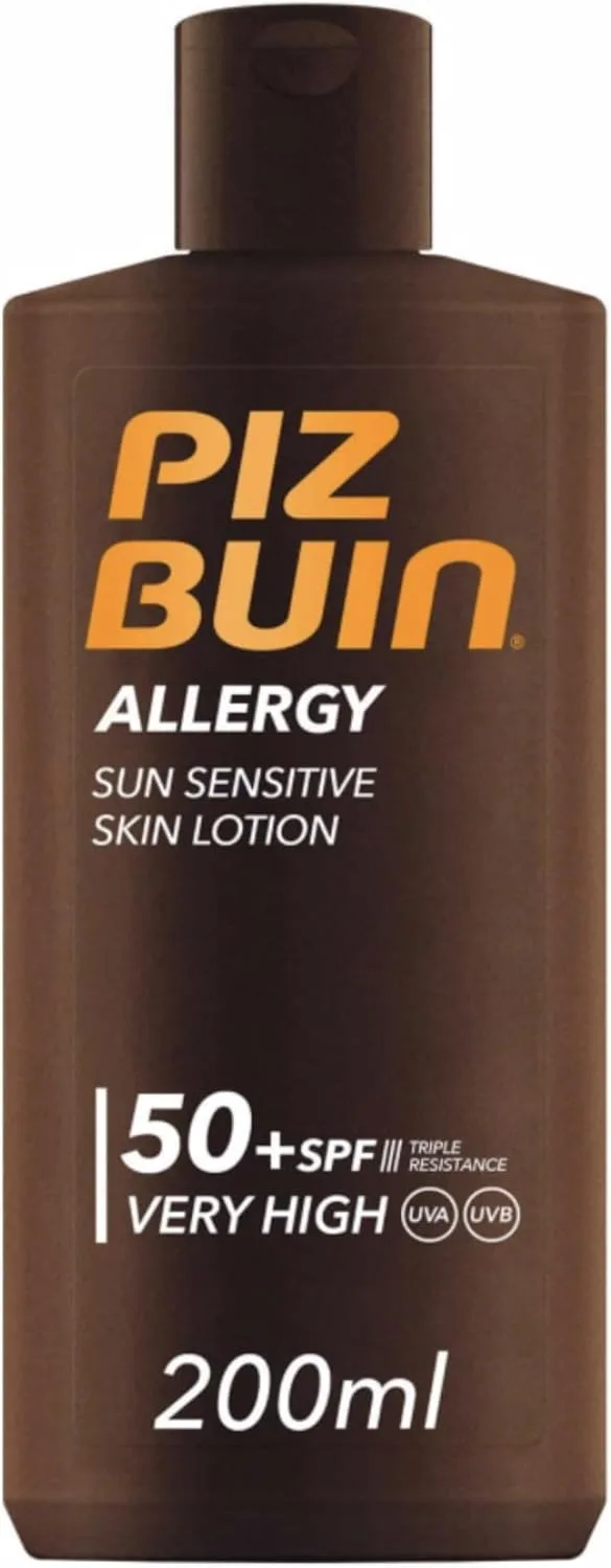 Piz Buin ▫️ Allergy Sun Sensitive Skin Lotion FPS 50, Protetor Solar, 200 ml | Para o Corpo, Proteção Muito Elevada, Resistente à Água, Filtros UVA/UVB, Melhora a Tolerância ao Sol, Para Pele Sensível