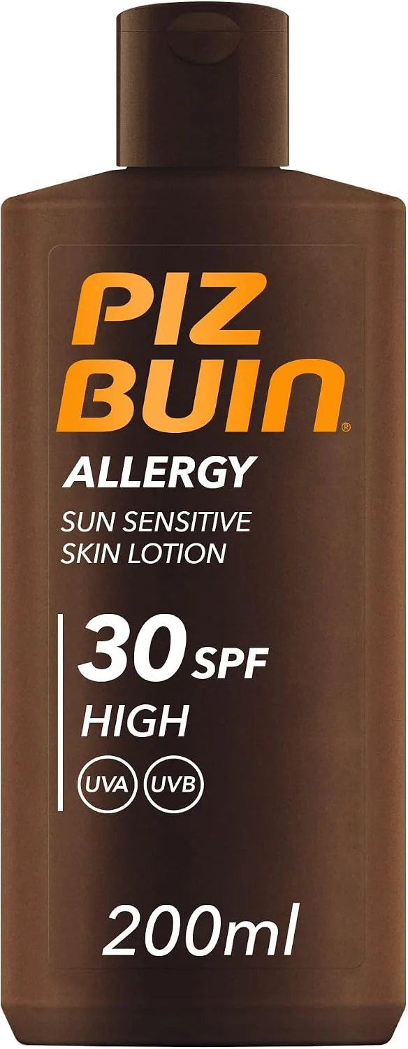 Piz Buin ▫️ Allergy Sun Sensitive Skin Lotion FPS 30 (200 ml), protetor solar corporal com FPS 30, proteção solar elevada para peles sensíveis, loção corporal com filtros UVA/UVB