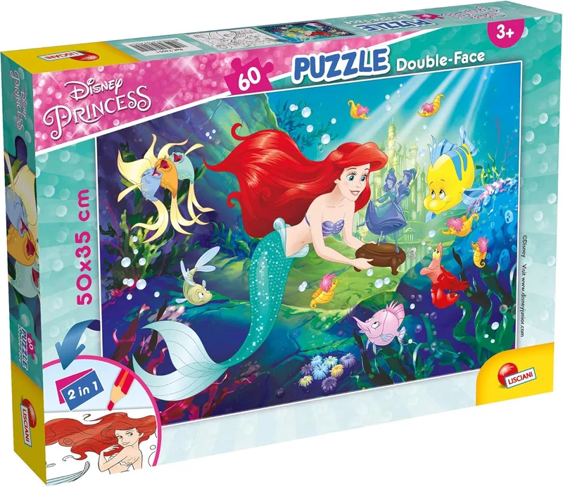Liscianigiochi ▫️ Puzzle para crianças 2 em 1, Dupla face com o verso para colorir, Disney A Pequena Sereia, Multicolorido, 60 peças