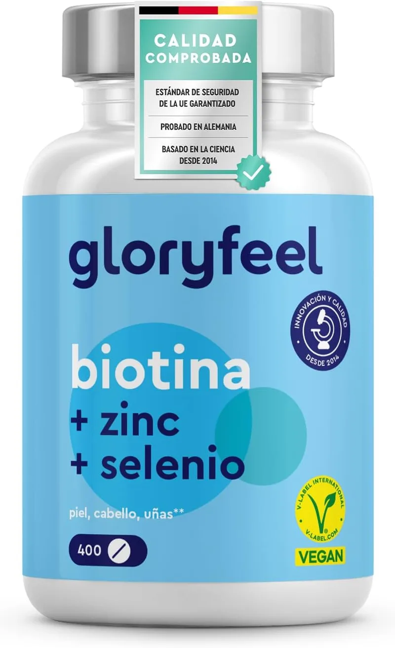 Gloryfeel ▫️ Biotina + Zinco + Selénio - 400 comprimidos veganos (fornecimento para mais de 1 ano) - Vitaminas para o cabelo - Apoia o crescimento do cabelo, fortalece a pele e as unhas - Sem aditivos