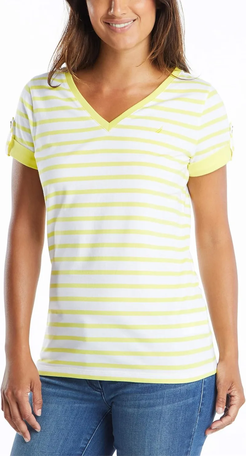 Nautica ▫️ Camisola de algodão elástico supermacio com riscas e decote em V Easy Comfort para mulher