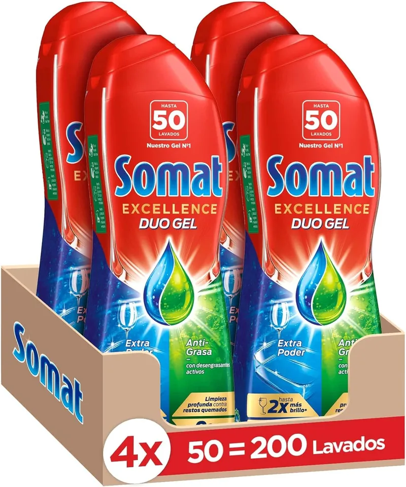 Somat ▫️ Excellence Gel Anti-gordura 50 Doses (embalagem de 4, total: 200 lavagens), detergente líquido para lavagem automática de louça em garrafa, sabão de louça com desengordurantes activos