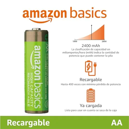 Amazon Basics ▫️ embalagem com 24 pilhas AA NiMH recarregáveis, 2400 mAh, 1,2 V, recarregáveis até 400 vezes, pré-carregadas 2