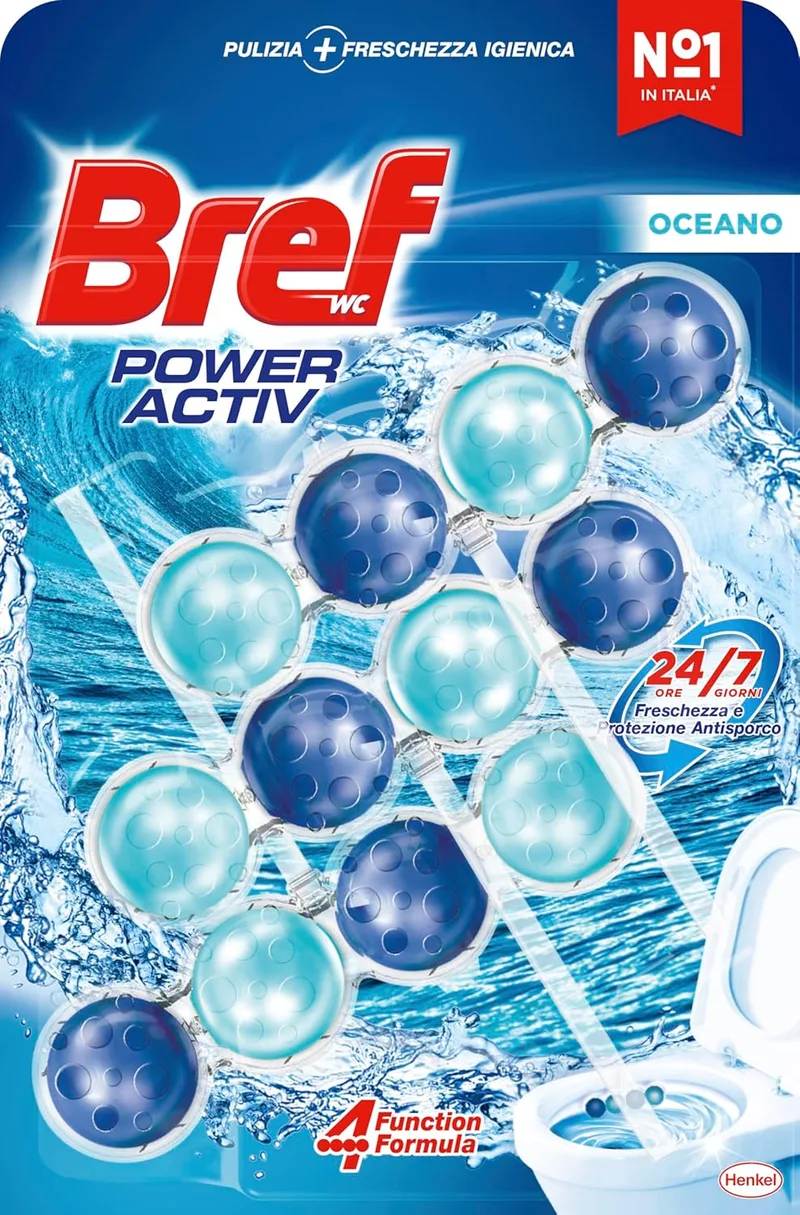 Bref ▫️ Power Activ Ocean (3 unidades), produto de limpeza para casa de banho com fórmula 4 em 1, cesto higiénico e protetor para sanita, com aroma a Ocean, produto de limpeza para casa de banho anticalcário, 24 horas de proteção