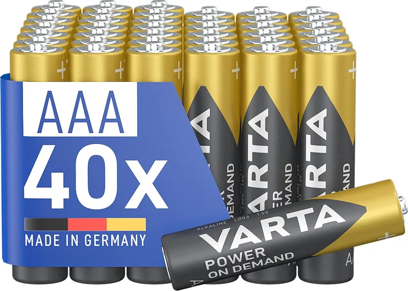 Varta ▫️ Pilhas AAA, embalagem de 40, Power on Demand, alcalinas, 1,5 V, para acessórios de computador, dispositivos Smart Home, lanternas, Fabricadas na Alemanha | Micro-pilhas LR03, Fabricadas na Alemanha, vida útil de até 10 anos, para acessórios de computador, dispositivos Smart Home