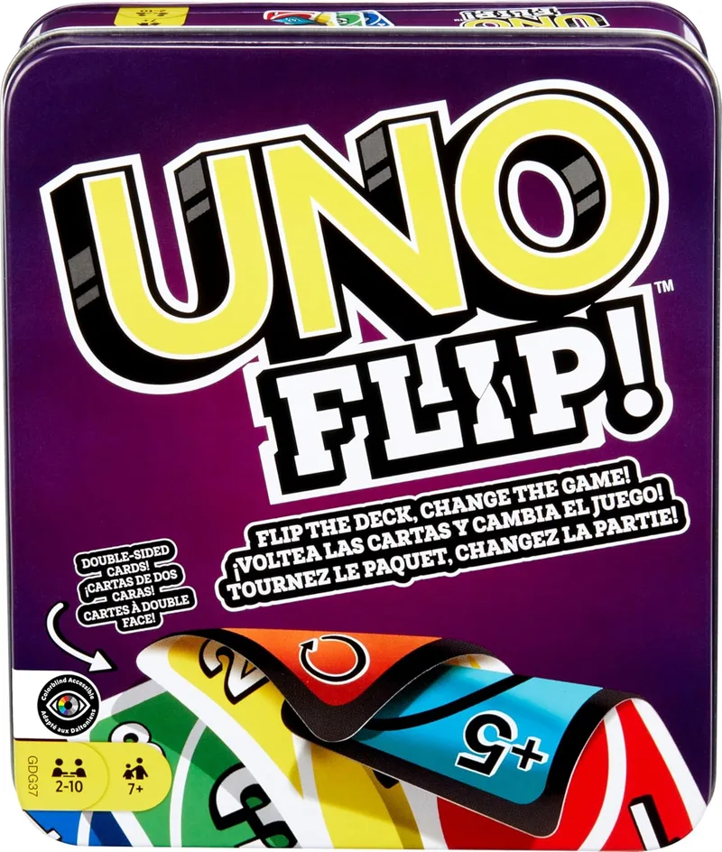 Mattel Games ▫️ Jogo de cartas UNO Flip! jogo de tabuleiro em lata para crianças a partir dos 7 anos (Mattel GDG37)