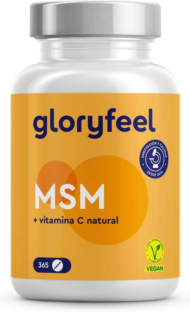 Gloryfeel ▫️ MSM 2000mg + Vitamina C natural - 365 comprimidos de alta dosagem - Para ossos, articulações, pele e sistema imunitário* - Metilsulfonilmetano vegan - Testado em laboratório, sem aditivos